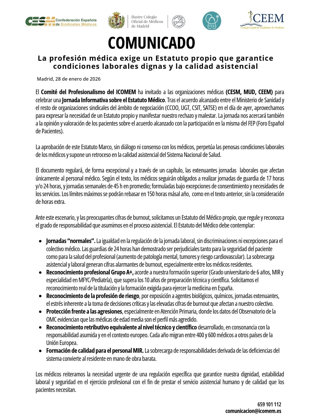 COMUNICADO ICOMEM - Comunicado del ICOMEM por el Estatuto del M&eacute;dico
